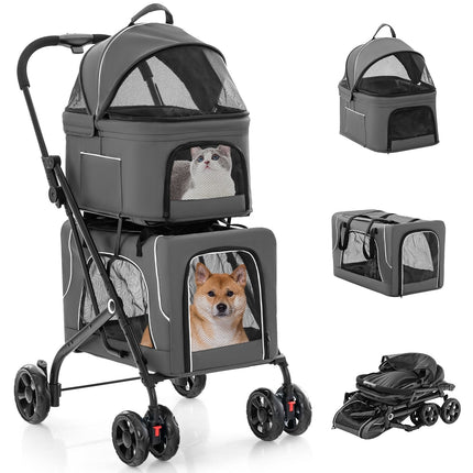 Double Pet Stroller Foldable 3-in-1 Dog Stroller with 2 Detachable Carriers-Beige