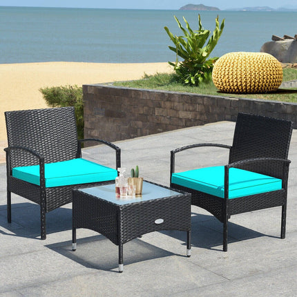 3 Pieces Patio Wicker Rattan Furniture Set with Cushion for Lawn Backyard-Gray
