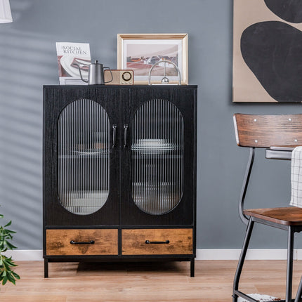 Kitchen Industrial Buffet Sideboard with Tempered Glass Doors-Black