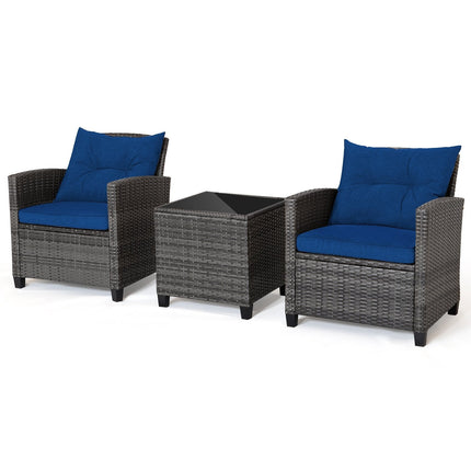 3 Pieces Outdoor Wicker Conversation Set with Tempered Glass Tabletop-Black