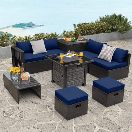 Outdoor 9 Pieces Patio Furniture Set with 50 000 BTU Propane Fire Pit Table-Black