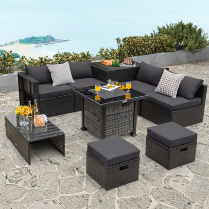 Outdoor 9 Pieces Patio Furniture Set with 50 000 BTU Propane Fire Pit Table-Black