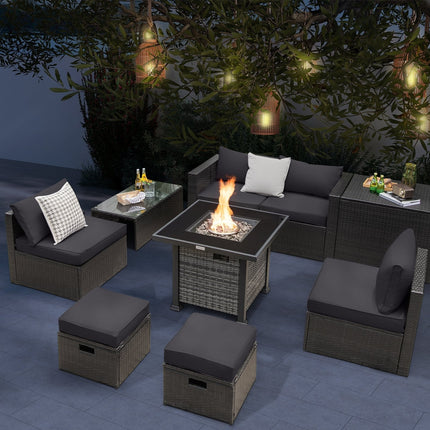 Outdoor 9 Pieces Patio Furniture Set with 50 000 BTU Propane Fire Pit Table-Black