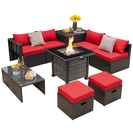 Outdoor 9 Pieces Patio Furniture Set with 50 000 BTU Propane Fire Pit Table-Black