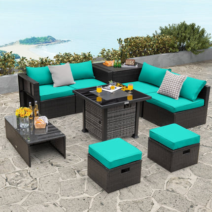 Outdoor 9 Pieces Patio Furniture Set with 50 000 BTU Propane Fire Pit Table-Black