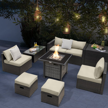 Outdoor 9 Pieces Patio Furniture Set with 50 000 BTU Propane Fire Pit Table-Black