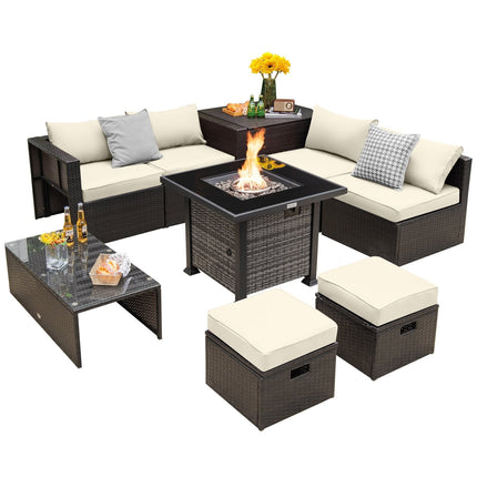 Outdoor 9 Pieces Patio Furniture Set with 50 000 BTU Propane Fire Pit Table-Black