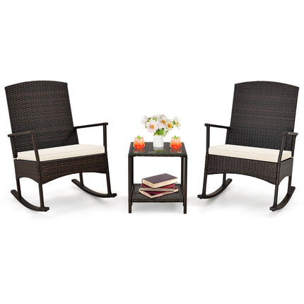 3 Piece Patio Rocking Set Wicker Rocking Chairs with 2-Tier Coffee Table-Black