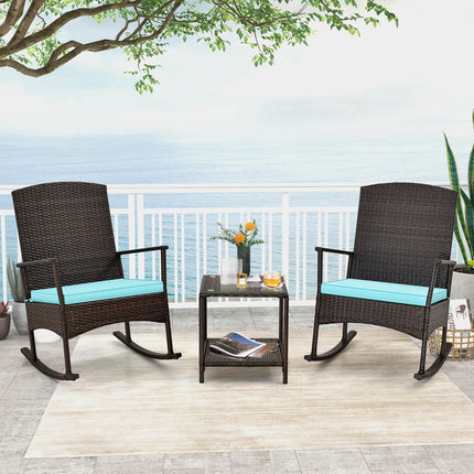 3 Piece Patio Rocking Set Wicker Rocking Chairs with 2-Tier Coffee Table-Black