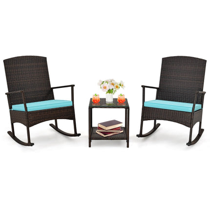 3 Piece Patio Rocking Set Wicker Rocking Chairs with 2-Tier Coffee Table-Black
