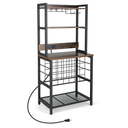Wine Bar Cabinet Wine Rack with 4 Tier Storage Shelves and Glass Holders-Brown