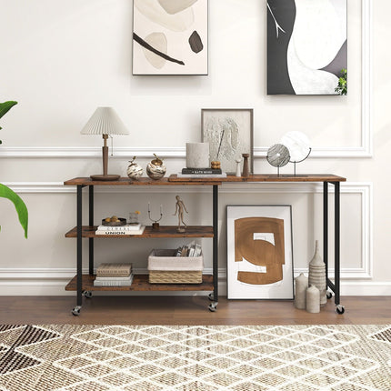 360° Rotating Sofa Side Table with 2-Tier Storage Shelves-Brown