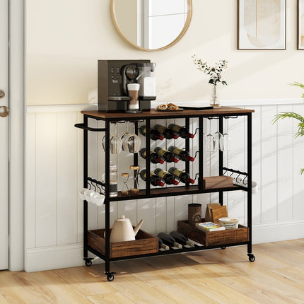 3 Tiers Bar Cart on Wheels with Glass Racks-Brown