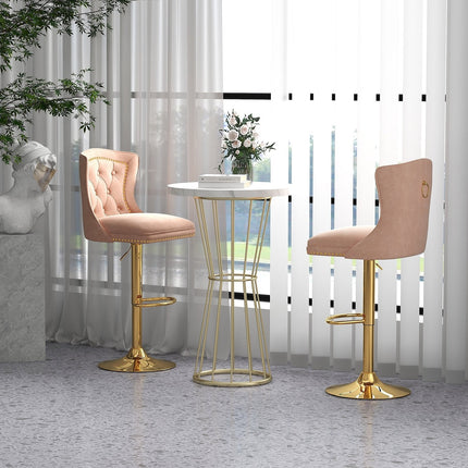 Set of 2 Bar Chairs with Footrest  Electroplated Metal Base and Anti-Slip Ring-Beige