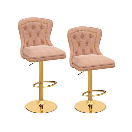 Set of 2 Bar Chairs with Footrest  Electroplated Metal Base and Anti-Slip Ring-Beige