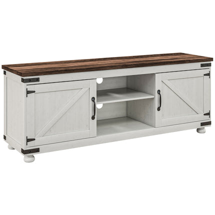 Kirby Farmhouse TV Stand with Small Minimalist Barn Doors for TVs up to 65"-Distressed White