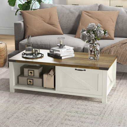 Lowen Farmhouse Coffee Table with Drawer and Open Storage Shelf-Brown