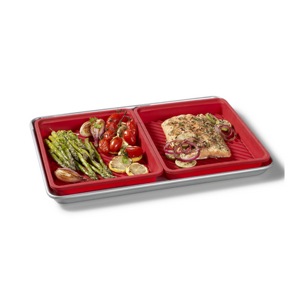 Ensemble de 2 plats de cuisson Starfrit en silicone avec structure métallique intégrée - large - fond rainuré - rouge -
