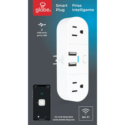 Prise Wi-Fi intelligente Globe avec 2 sorties 2 USB (50155)