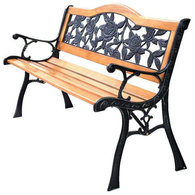 Outdoor Bench Cast Iron Patio Bench with Rose Pattern Backrest