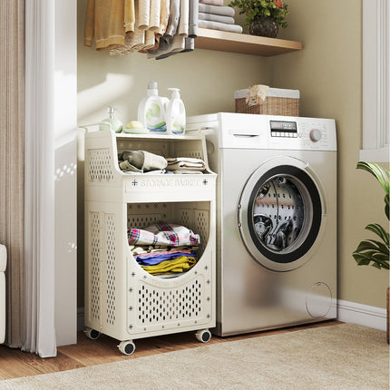 3-Tier Laundry Cart Folding Hamper with Lockable Wheels