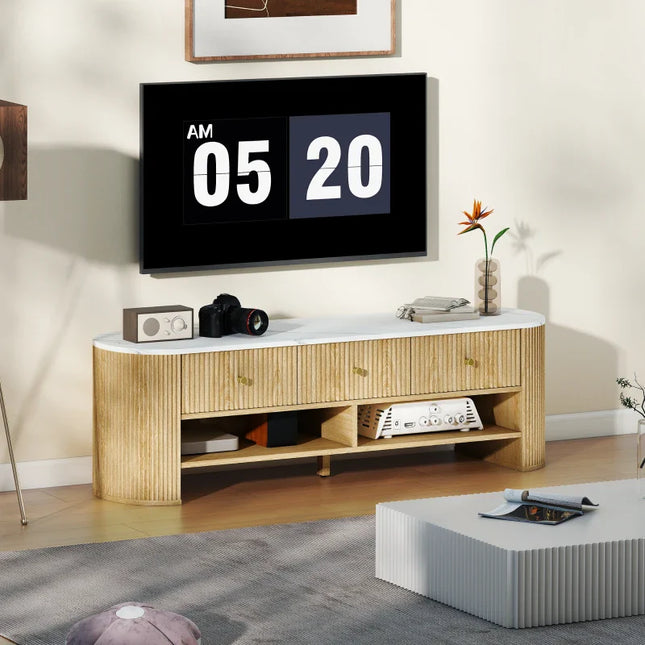 Colby Modern TV Stand with Marble-Effect Top and Storage Drawers-Natural